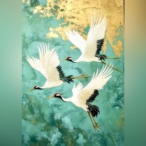 Japanese-Style Flying Cranes Green Gold Background Unframed Canvas Art Print New